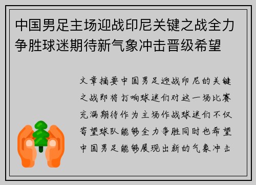 中国男足主场迎战印尼关键之战全力争胜球迷期待新气象冲击晋级希望