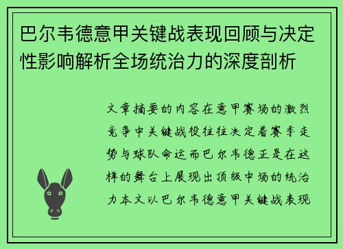 巴尔韦德意甲关键战表现回顾与决定性影响解析全场统治力的深度剖析
